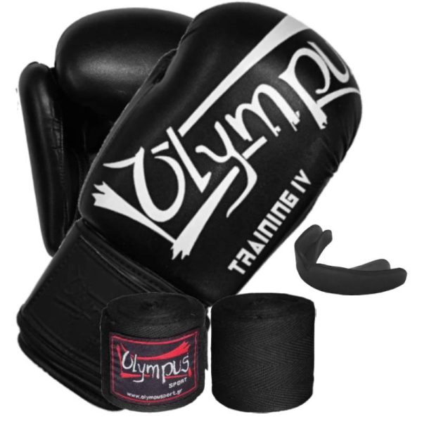 Πυγμαχικά Γάντια Olympus Training IV PU 12oz +ΜΠΑΝΤΑΖ OLYMPUS BOXING ΕΛΑΣΤΙΚΑ (2,5m) + ΜΑΣΕΛΑ OLYMPUS Μονή Μαύρη